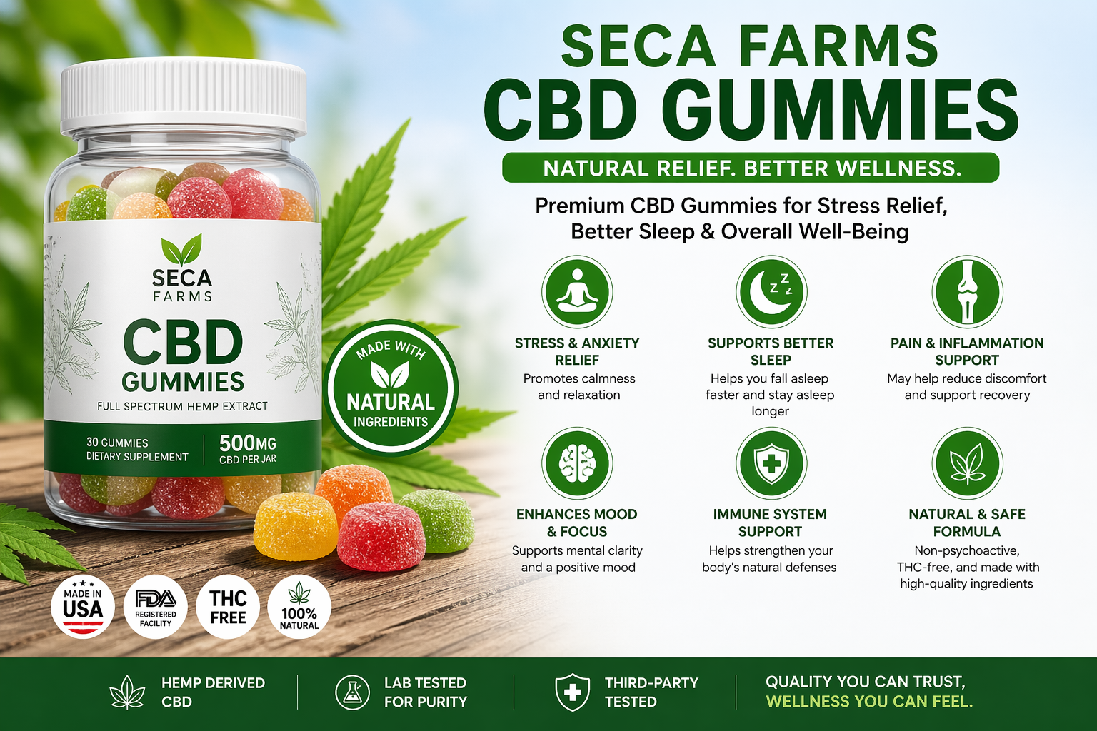 Seca Farms CBD Gummies bottle with natural hemp leaves highlighting benefits like stress relief, better sleep, and pain support