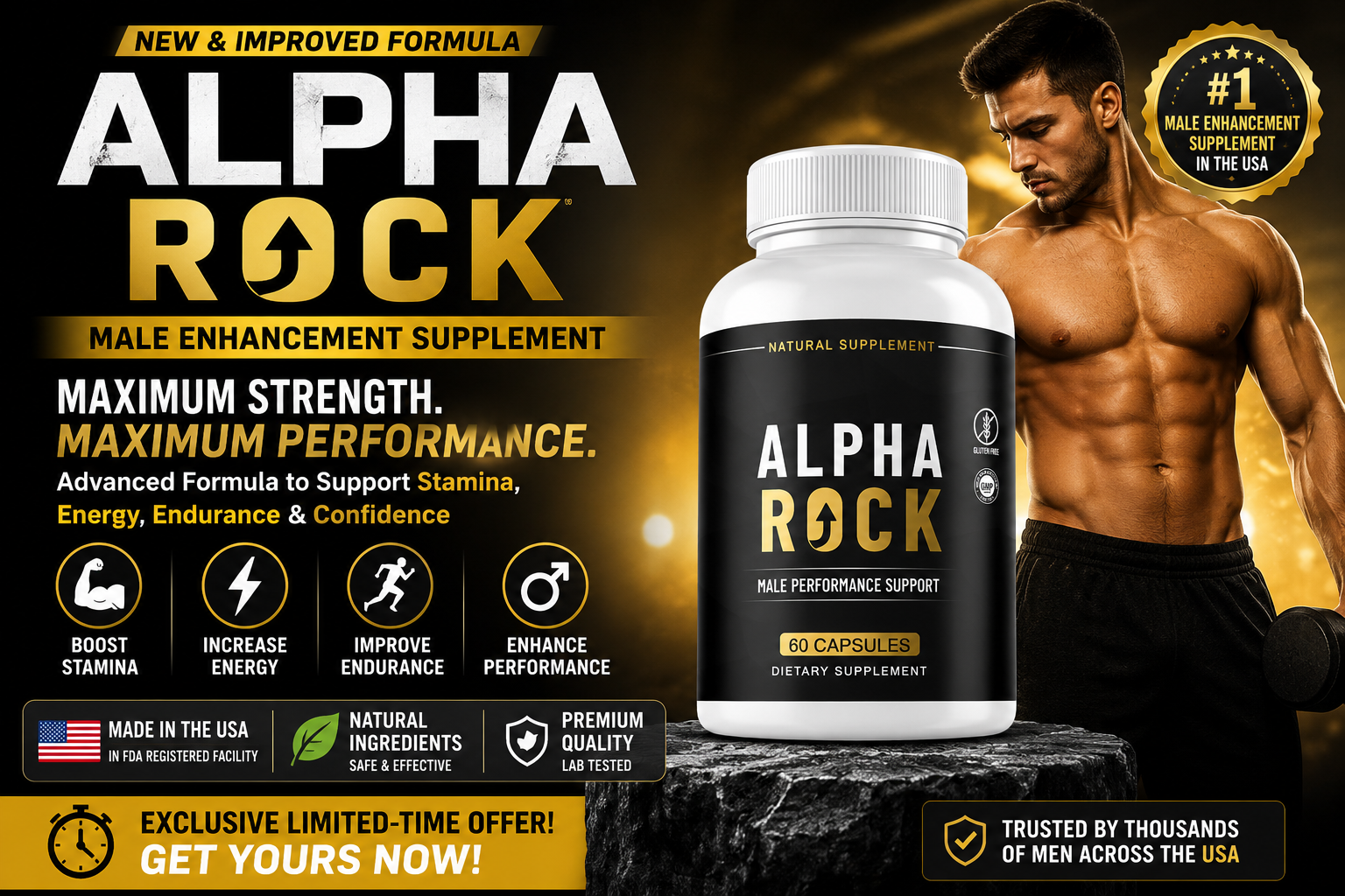 Alpha Rock Male Enhancement supplement held by a fit couple in a modern bedroom setting