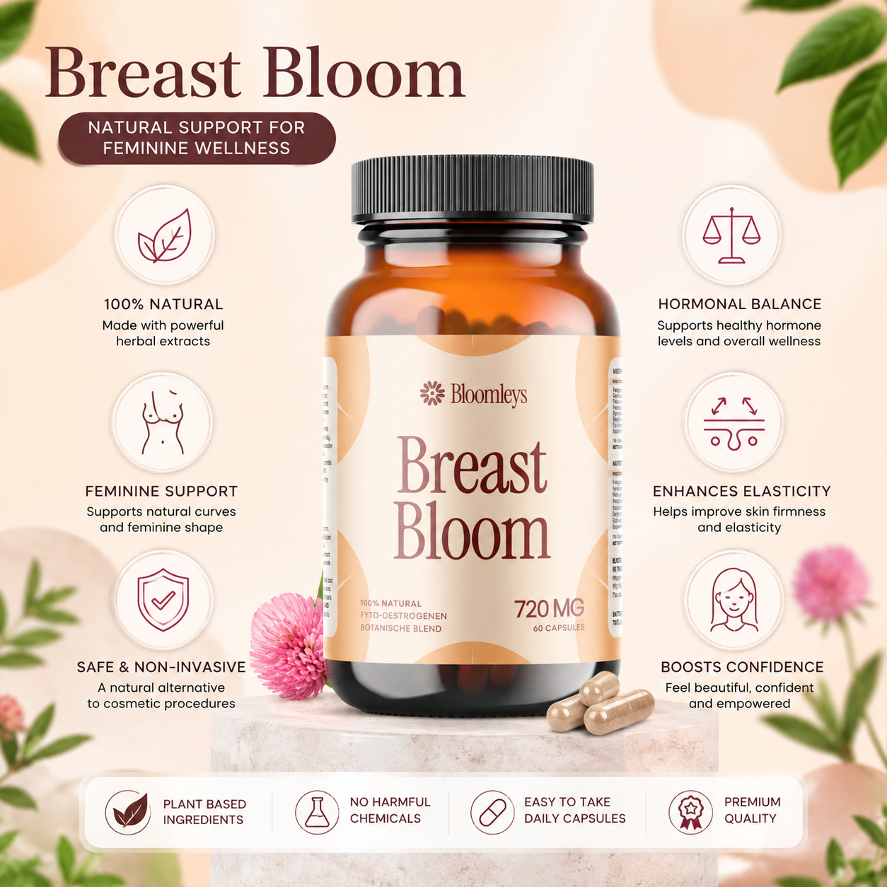 Bloomleys Breast Bloom Germany natürliche Wellness-Kapseln für weibliche Balance und Hautelastizität