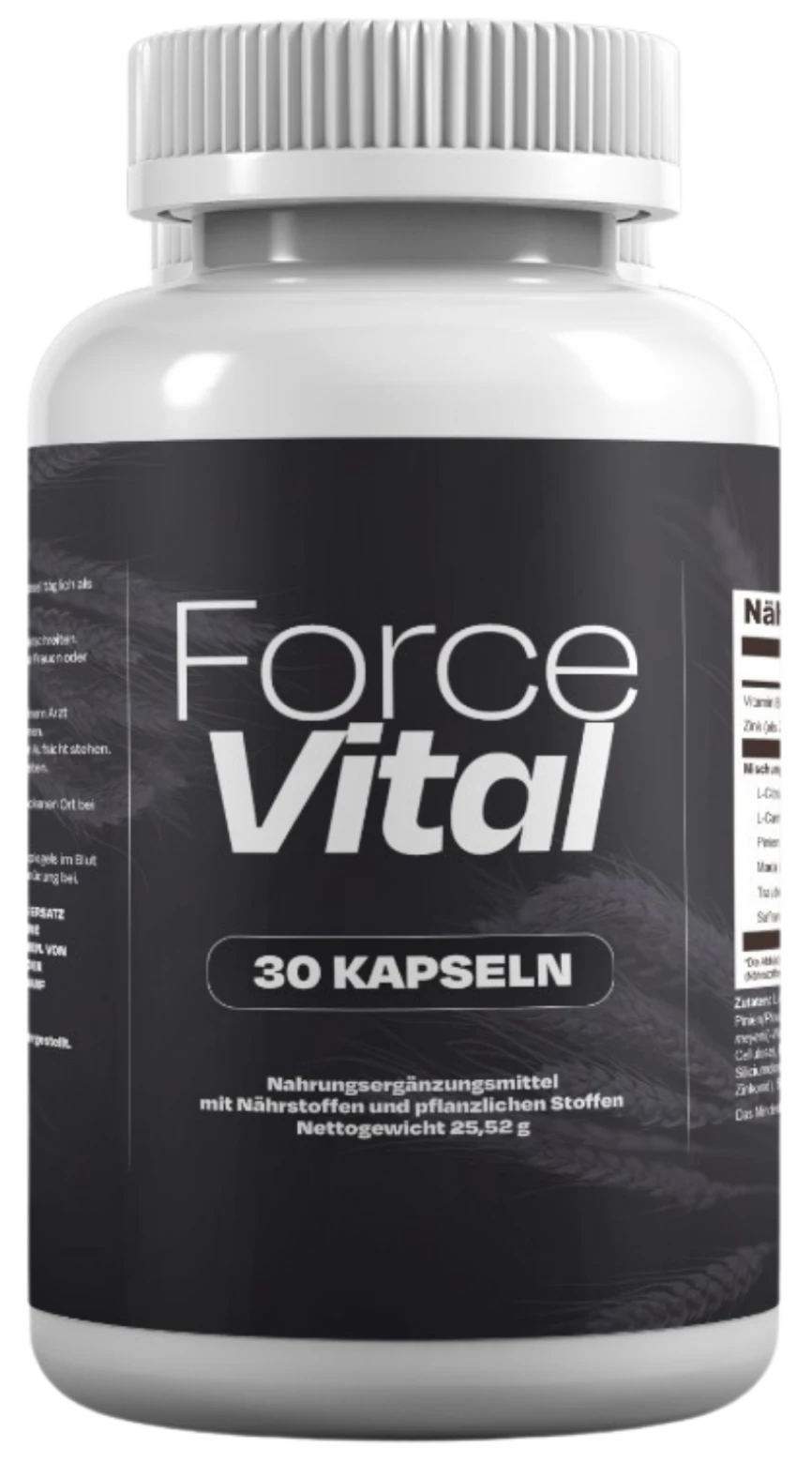 Happy athletic couple posing with Force Vital capsules bottle in a modern indoor setting promoting energy, vitality, and wellness support