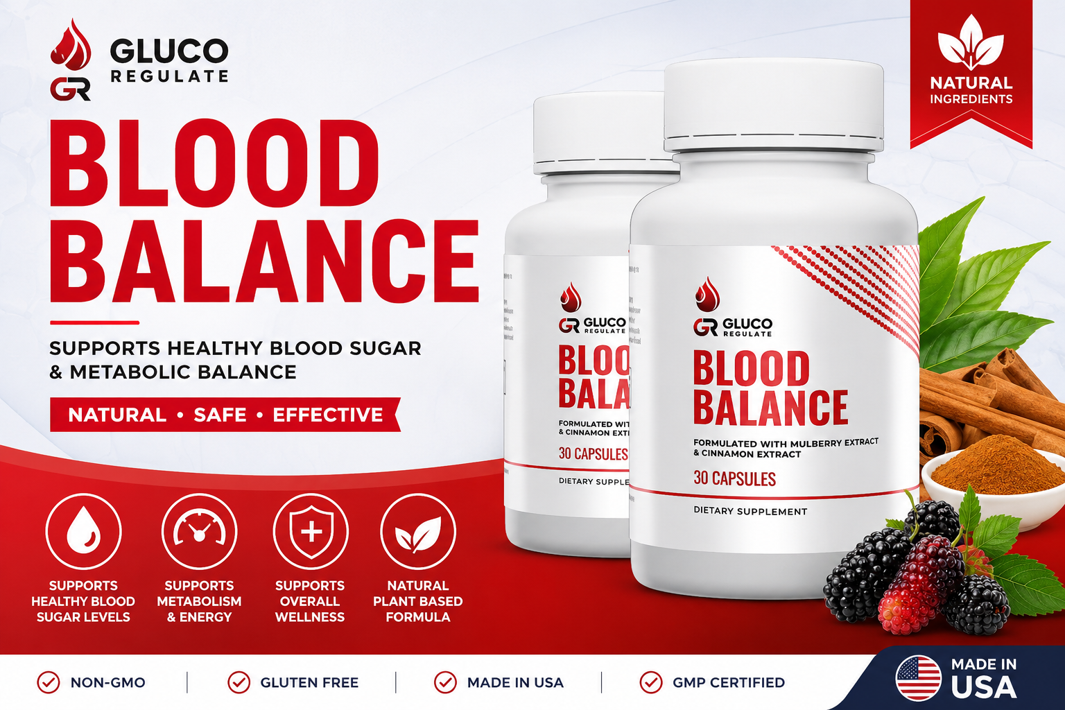 Gluco Regulate USA blood sugar support supplement bottle with healthy lifestyle background