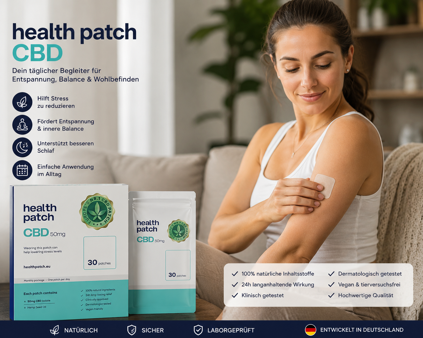 Woman applying Health Patch CBD 50mg patch at home for relaxation and daily wellness support in Germany