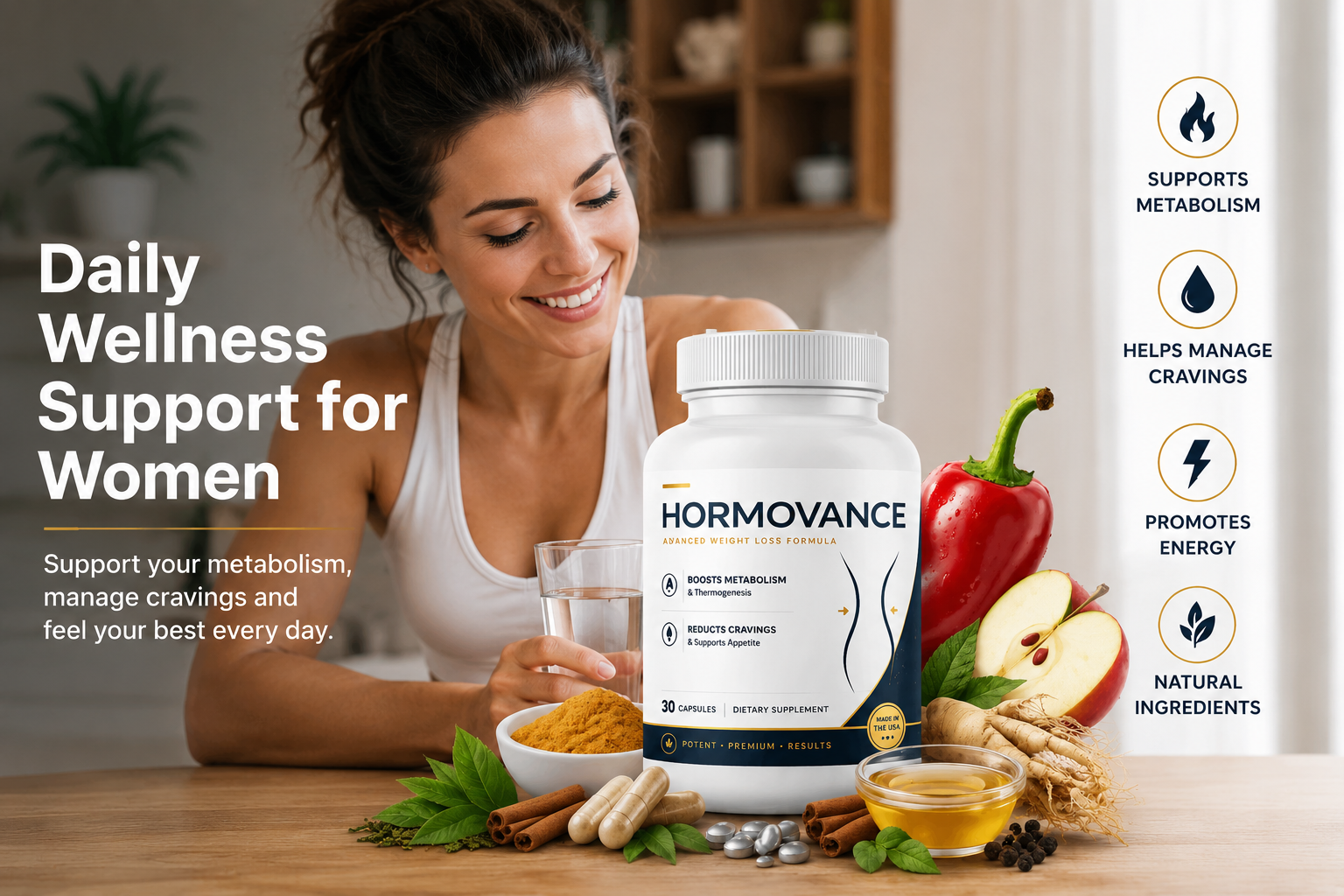 Hormovance women’s wellness supplement with natural metabolism support ingredients and healthy lifestyle imagery.