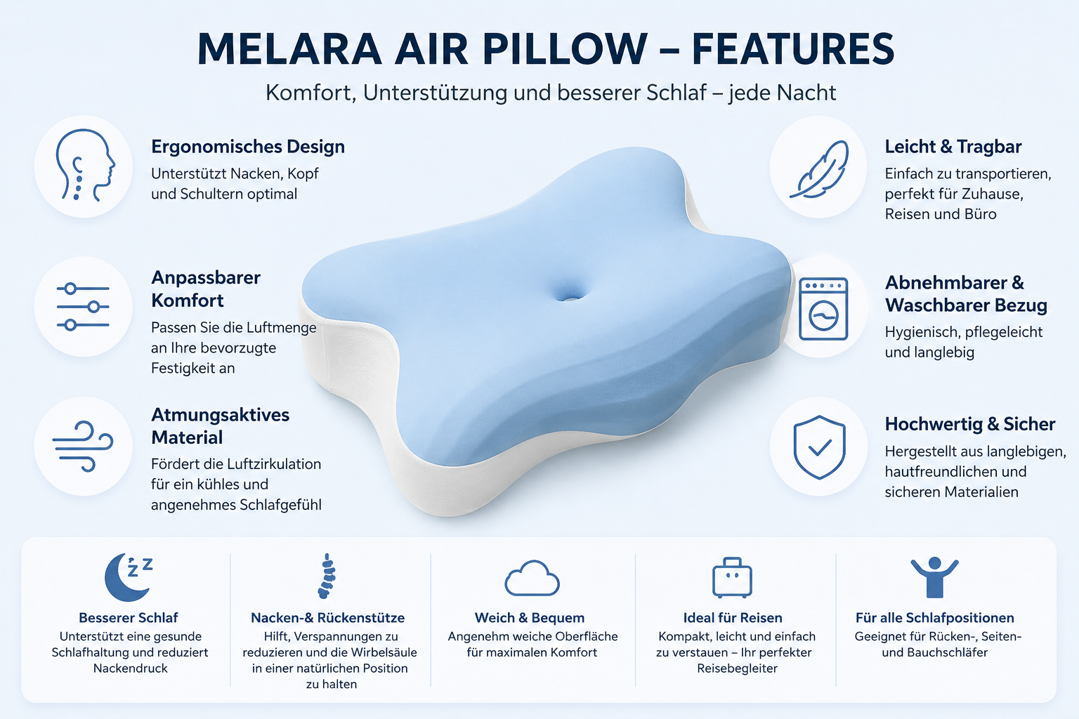 Frau schläft bequem mit dem Melara Air Pillow Luftkissen im Schlafzimmer