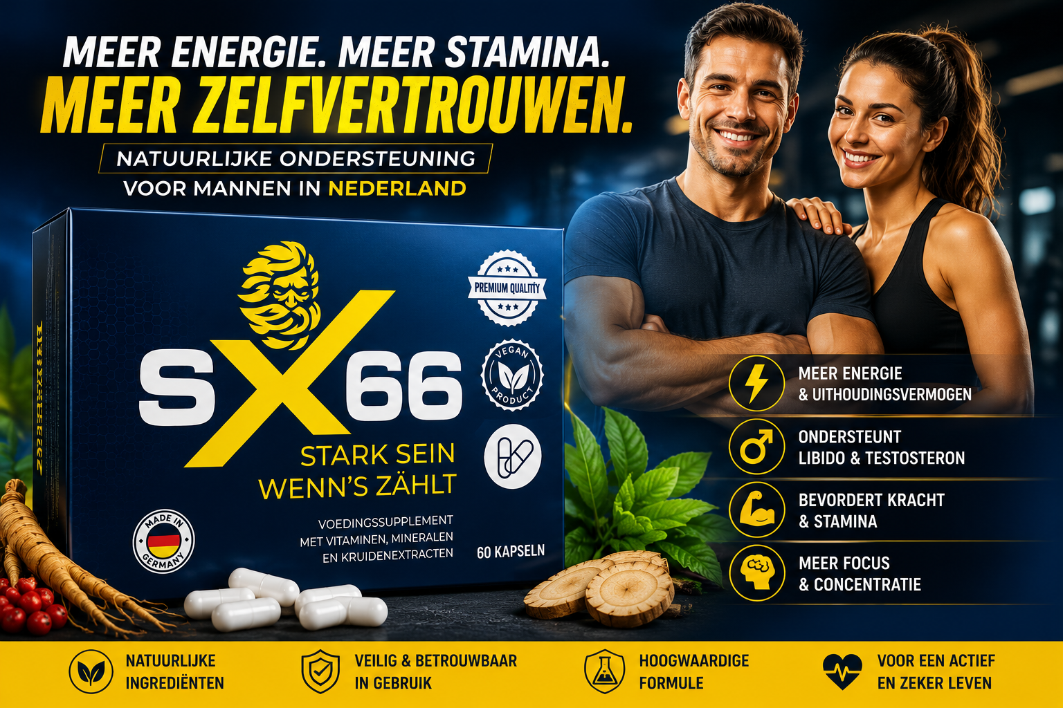 SX66 ME NL male enhancement supplement met energieke sportieve man en vrouw in Nederland