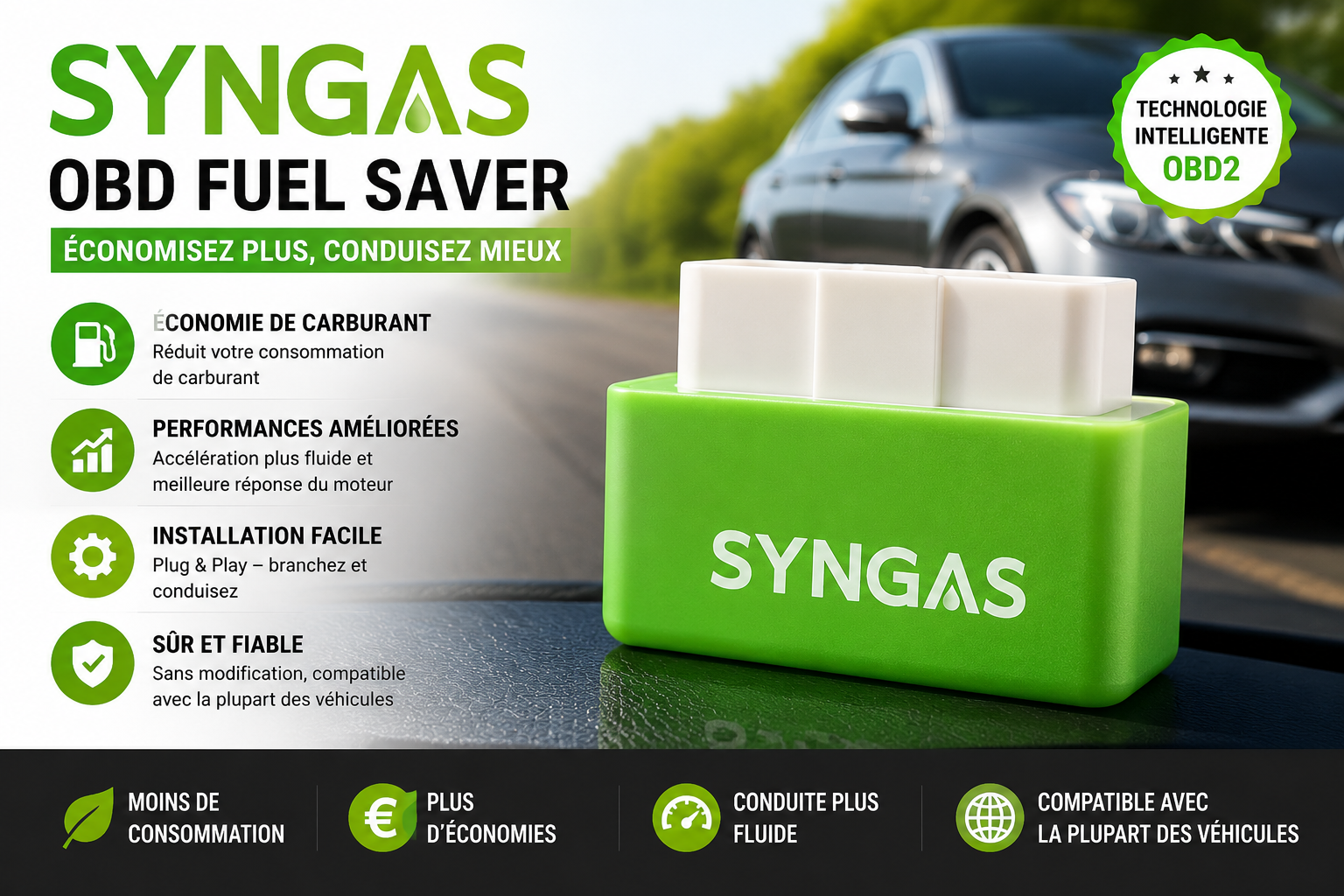 SynGas OBD Fuel Saver FR plug-in device held in hand, compact green OBD2 car fuel saving tool