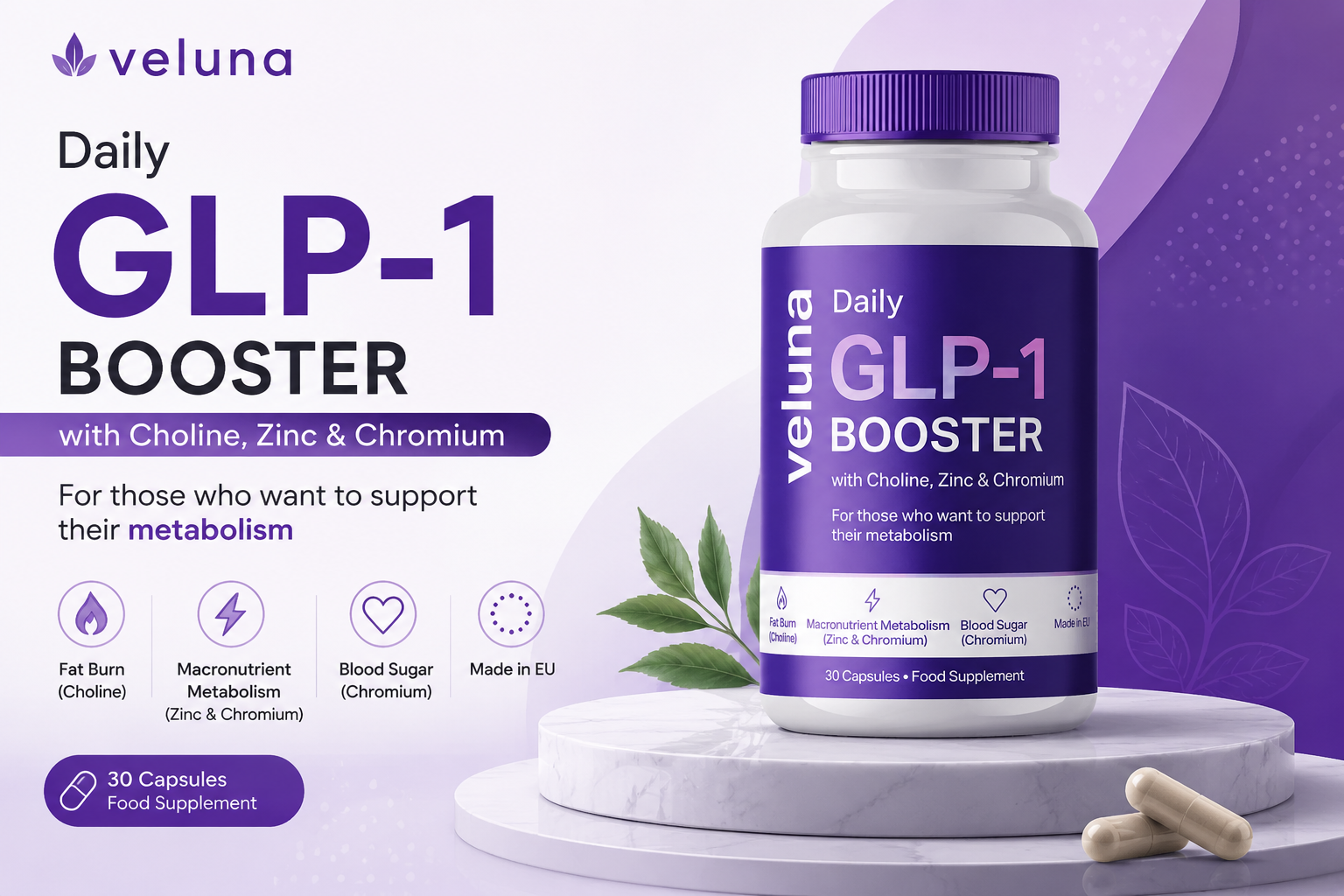 Veluna Daily GLP-1 Booster supplement bottle with metabolism and blood sugar support benefits