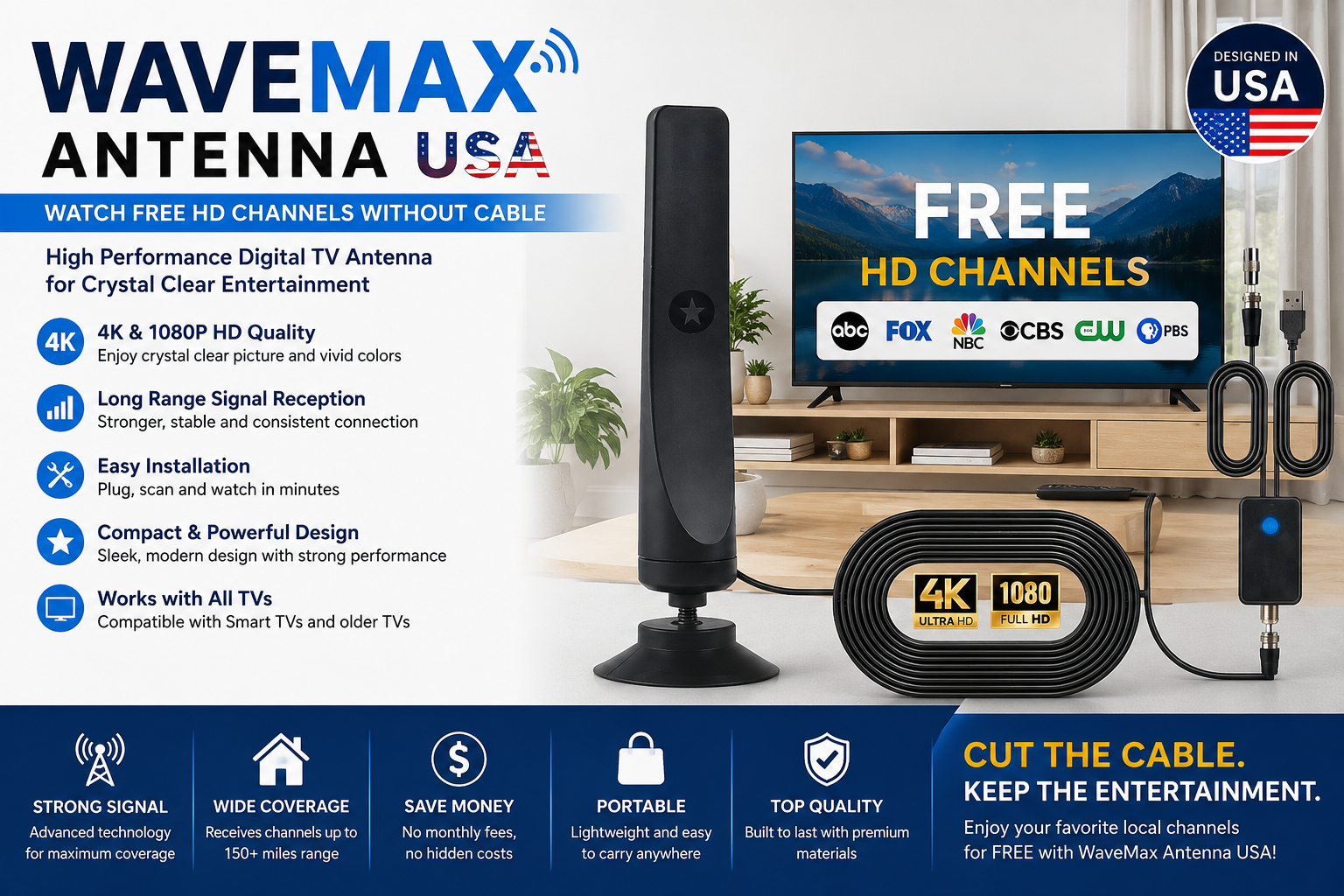 WaveMax Antenna USA digital indoor TV antenna for free HD channels and strong signal reception