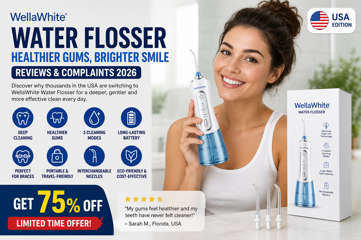 WellaWhite Water Flosser Reviews and Complaints 2026 feature image showing cordless dental water flosser with advanced cleaning modes and USA edition packaging.
