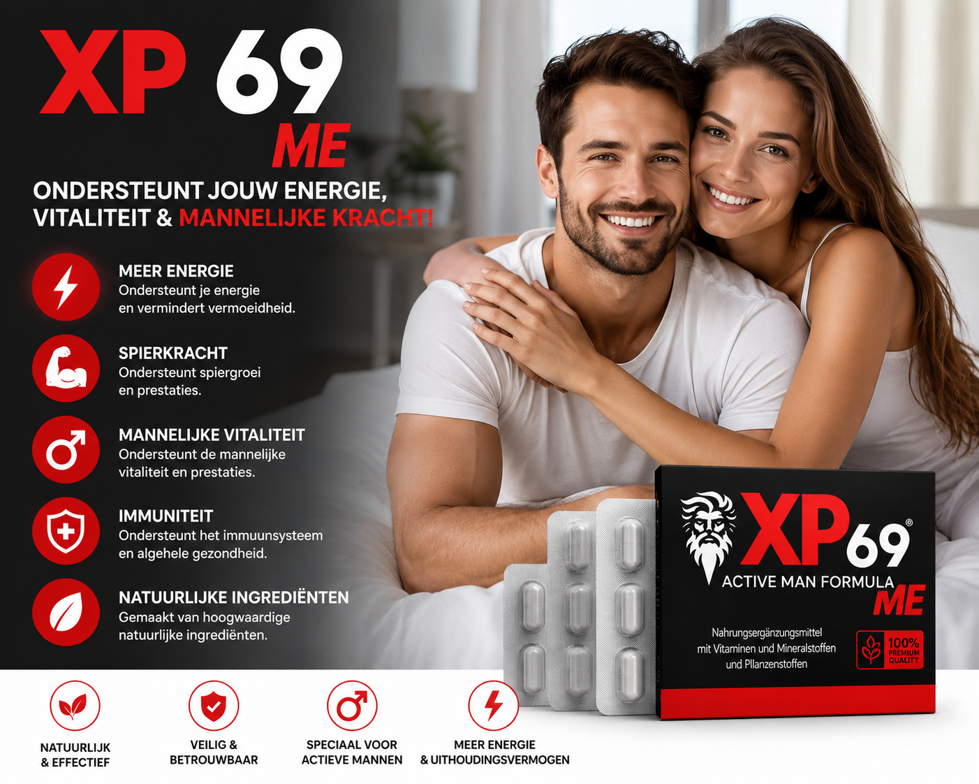Happy smiling couple with XP69 ME supplement promoting energy, vitality, and active male wellness support in the Netherlands