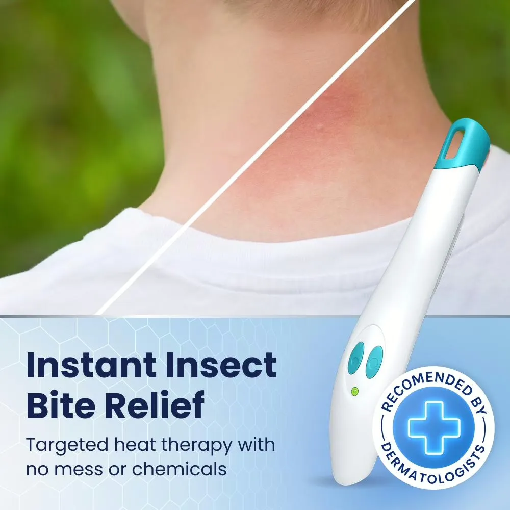 Woman finding relief from mosquito bite itching using BiteRelieve Insect Bite Treatment device