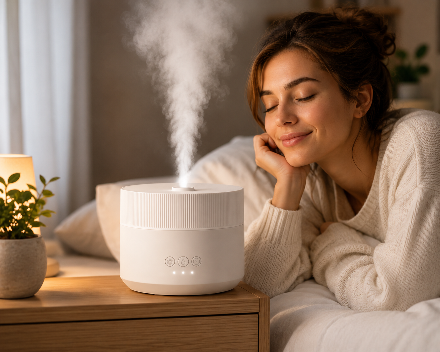Clairu Humidifier creating a comfortable indoor atmosphere with a woman relaxing at home