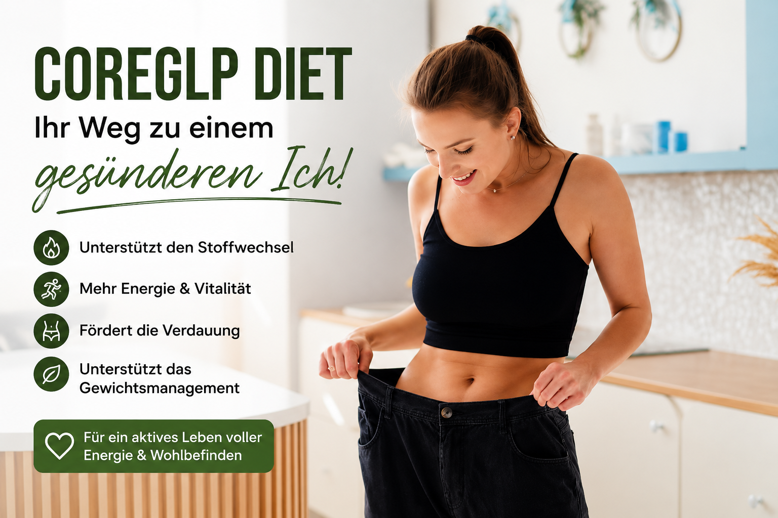 Smiling woman showing loose-fitting jeans after weight loss, representing healthy weight management and wellness support with CoreGLP Diet in Germany.