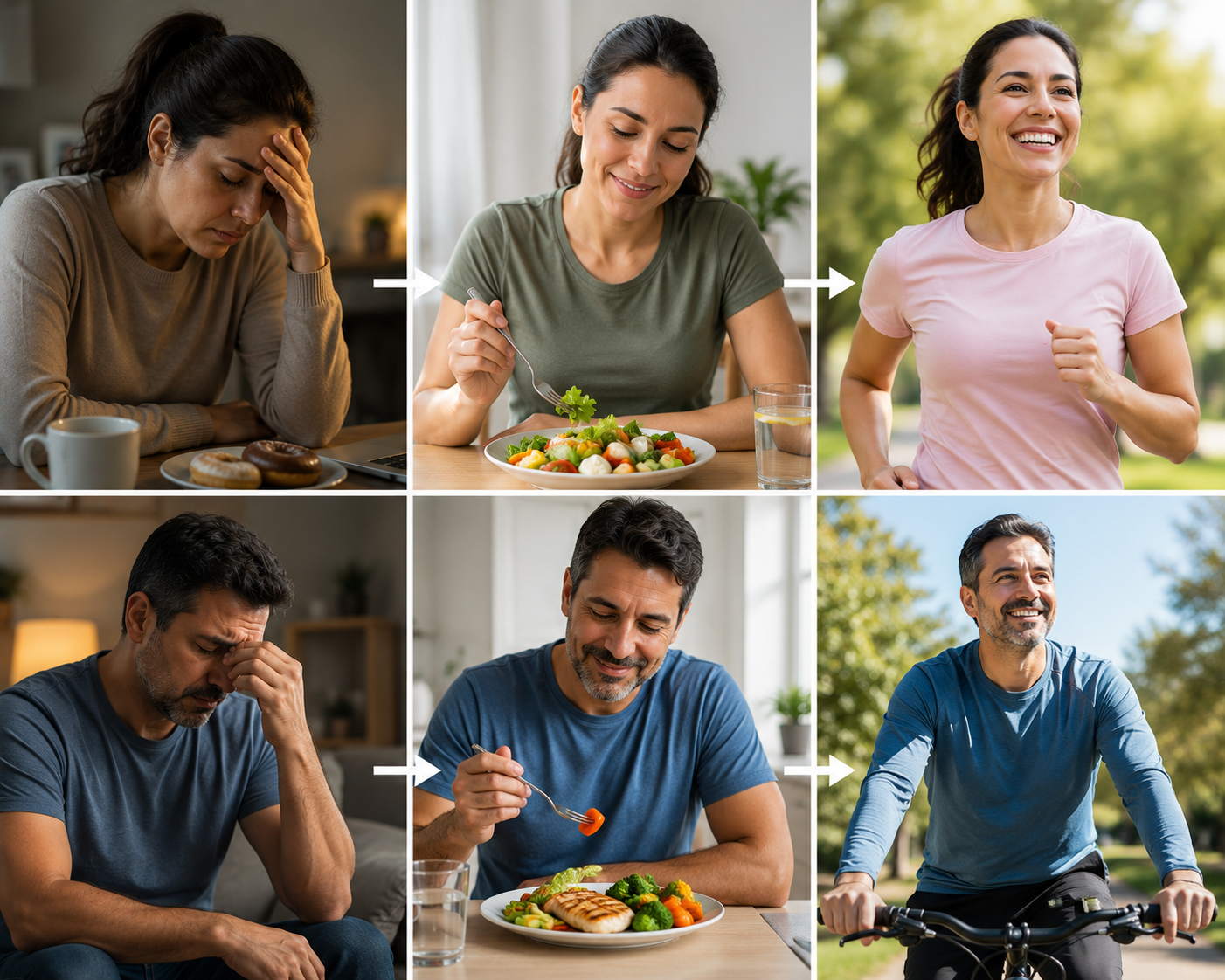 Adult man and woman illustrating a healthy lifestyle transformation, showing improved energy, balanced daily habits, and overall wellness through nutritious eating and regular physical activity.
