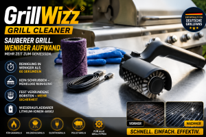 Mann präsentiert den GrillWizz Grill Cleaner neben einem Gasgrill während der Grillreinigung im Außenbereich