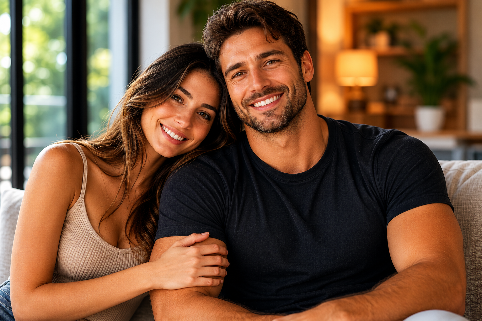 Menergy Meds NAD+ for Men lifestyle image featuring a healthy couple relaxing together in a modern bedroom.