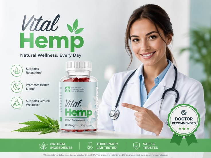 Smiling woman holding Vital Hemp Gummies in a bright wellness setting, highlighting daily wellness, relaxation, and healthy lifestyle support for adults in Australia and New Zealand.