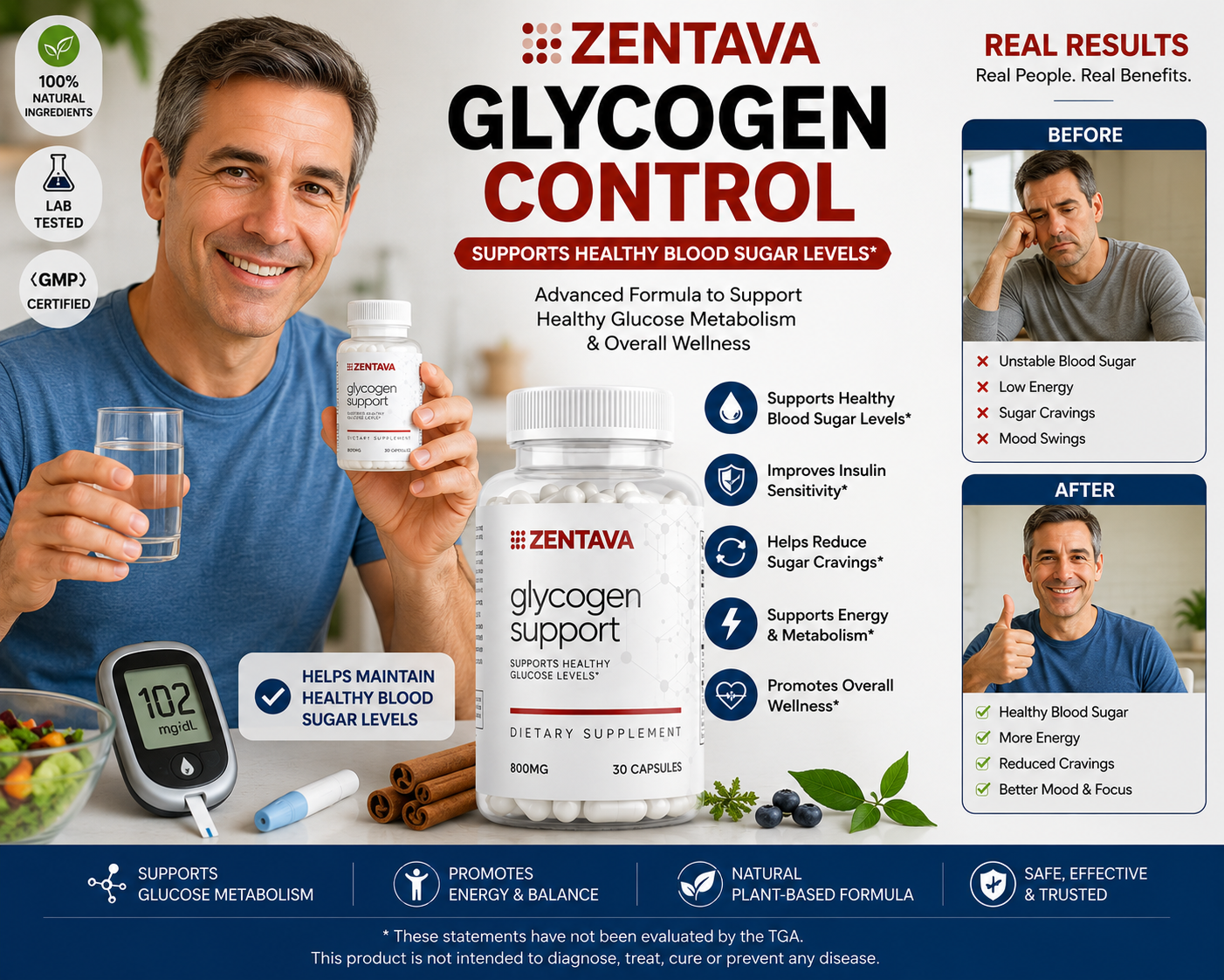 Zentava Glycogen Control Australia user taking supplement for blood sugar support