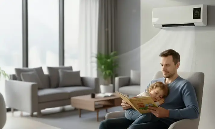 AerioQ AC compact heating and cooling unit with PTC ceramic heating, cooling airflow, remote control, and wall-mounted or tabletop design for year-round indoor comfort.