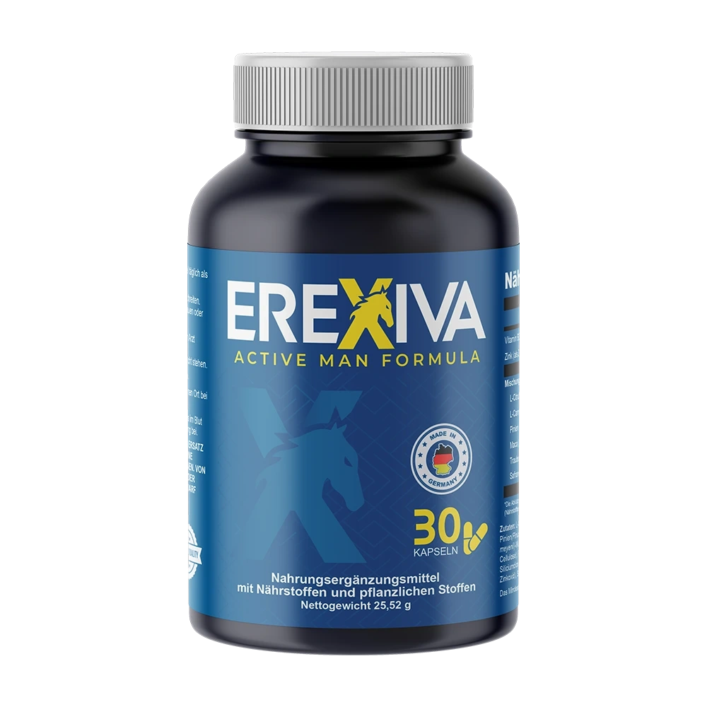 Erexiva ME dietary supplement bottle displayed on a clean surface, representing a men's wellness supplement available for adults in Spain.