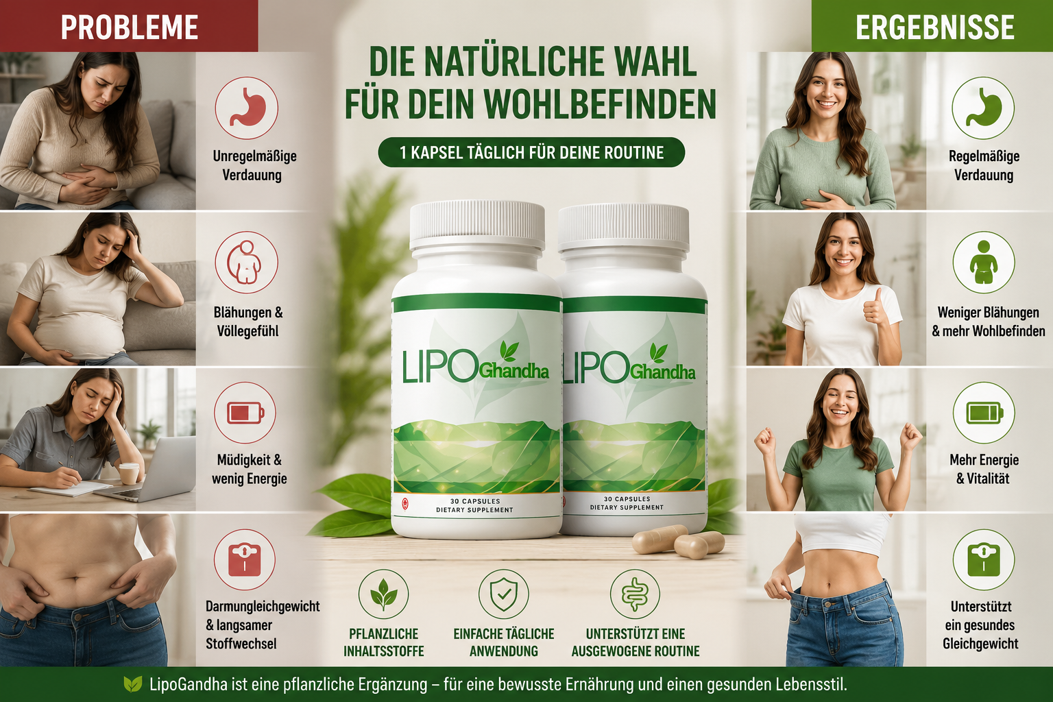 LipoGandha dietary supplement capsules featuring plant-based fiber and Lactobacillus acidophilus, designed as part of a balanced daily wellness routine in Germany.