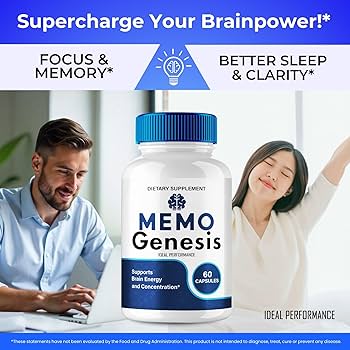 MemoGenesis brain support supplement designed for adults, featuring a natural formula intended to complement a healthy lifestyle and daily wellness routine.