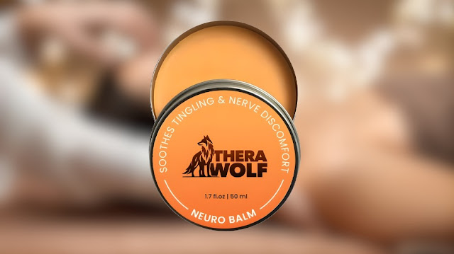 TheraWolf Pain Relief Balm displayed with natural ingredients, representing a topical balm for everyday muscle and joint comfort as part of a wellness routine.