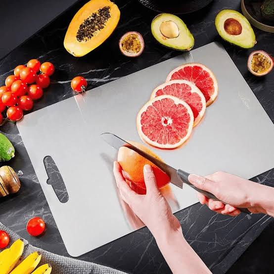 ChopWell stainless steel cutting board with a durable non-porous surface designed for everyday food preparation, easy cleaning, odor resistance, and dishwasher-safe convenience.