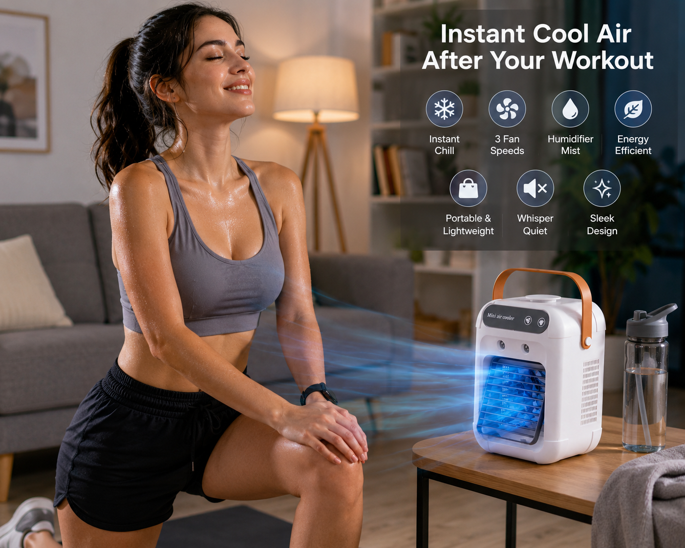 Happy woman relaxing at home after jogging while using the Breezi Portable AC mini air cooler for instant, energy-efficient personal cooling and refreshing airflow.