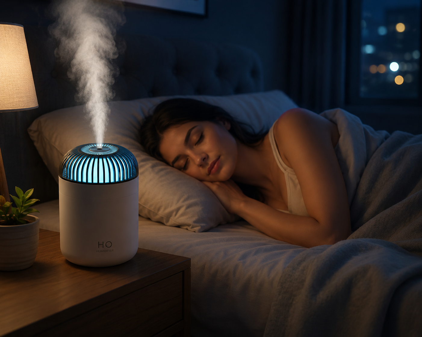 Woman relaxing beside the HuMist Humidifier as it releases a fine cool mist, providing quiet USB-powered humidification for bedrooms, offices, and personal indoor comfort.
